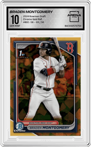 Braden Montgomery from the 2024 Bowman Draft set featuring a Gold Refractor parallel graded by Arena Club and given an overall grade of 10.