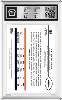 Caleb Williams from the 2024 Topps Chrome set featuring a Aqua Sonar Refractor parallel graded by Arena Club and given an overall grade of 10.