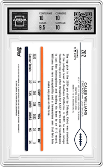 Caleb Williams from the 2024 Topps Chrome set featuring a Aqua Sonar Refractor parallel and given an overall grade of 10.