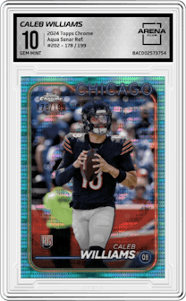 Caleb Williams from the 2024 Topps Chrome set featuring a Aqua Sonar Refractor parallel and given an overall grade of 10.