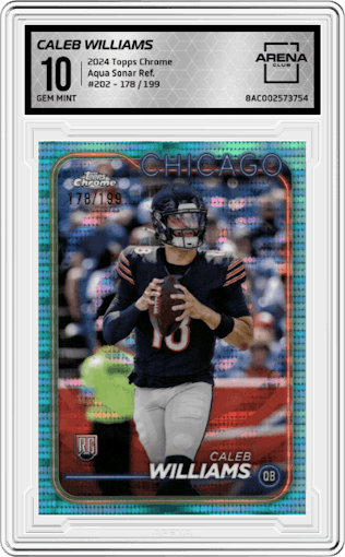 Caleb Williams from the 2024 Topps Chrome set featuring a Aqua Sonar Refractor parallel graded by Arena Club and given an overall grade of 10.