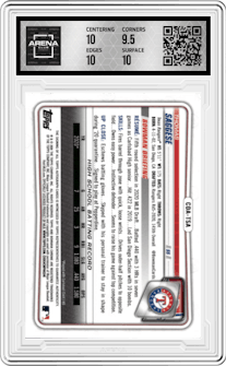 Thomas Saggese from the 2020 Bowman Draft set featuring a Blue Wave Refractor  parallel graded by Arena Club and given an overall grade of 10.