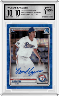 Thomas Saggese from the 2020 Bowman Draft set featuring a Blue Wave Refractor  parallel graded by Arena Club and given an overall grade of 10.