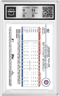 Jameson Taillon from the 2024 Topps Chrome Sapphire set featuring a Superfractor parallel and given an overall grade of 10.