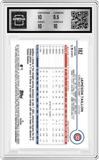 Jameson Taillon from the 2024 Topps Chrome Sapphire set featuring a Superfractor parallel graded by Arena Club and given an overall grade of 10.