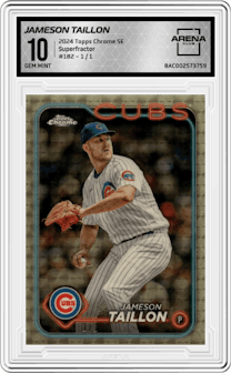 Jameson Taillon from the 2024 Topps Chrome Sapphire set featuring a Superfractor parallel and given an overall grade of 10.