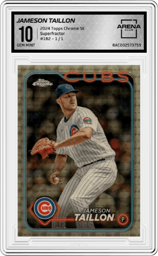 Jameson Taillon from the 2024 Topps Chrome Sapphire set featuring a Superfractor parallel graded by Arena Club and given an overall grade of 10.