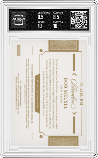 Bob Meusel from the 2021 Panini Flawless set graded by Arena Club and given an overall grade of 9.