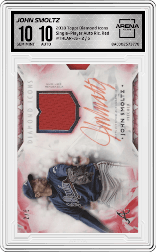 John Smoltz from the 2018 Topps Diamond Icons set featuring a Red parallel graded by Arena Club and given an overall grade of 10.