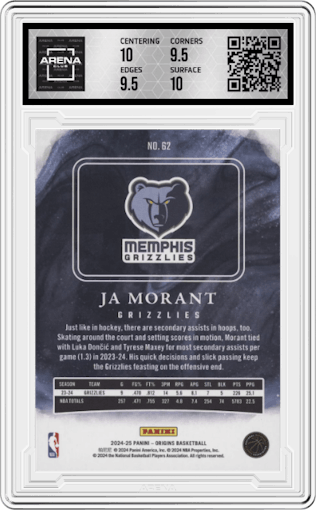 Ja Morant	 from the 2024-25 Panini Origins set featuring a Gold parallel graded by Arena Club and given an overall grade of 10.