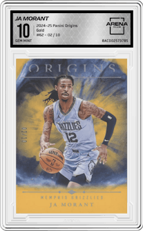 Ja Morant	 from the 2024-25 Panini Origins set featuring a Gold parallel graded by Arena Club and given an overall grade of 10.