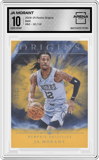 Ja Morant	 from the 2024-25 Panini Origins set featuring a Gold parallel graded by Arena Club and given an overall grade of 10.