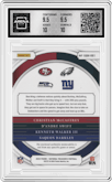 Christian McCaffrey/D’Andre Swift/Kenneth Walker III/Saquon Barkley from the 2023 Panini National Treasures set featuring a Holo Gold parallel graded by Arena Club and given an overall grade of 10.