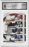 Christian McCaffrey/D’Andre Swift/Kenneth Walker III/Saquon Barkley from the 2023 Panini National Treasures set featuring a Holo Gold parallel graded by Arena Club and given an overall grade of 10.