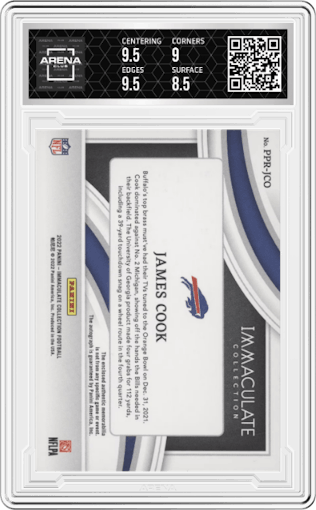 James Cook from the 2023 Panini Immaculate Collection  set graded by Arena Club and given an overall grade of 9.