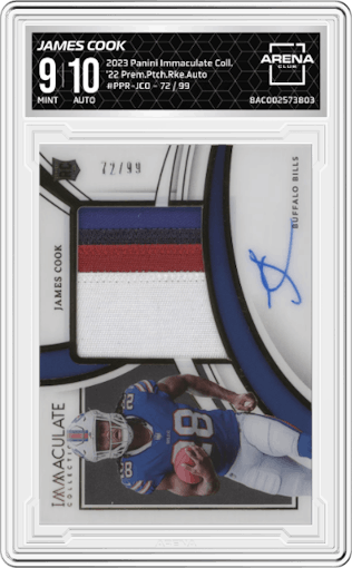 James Cook from the 2023 Panini Immaculate Collection  set graded by Arena Club and given an overall grade of 9.