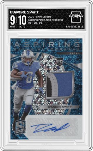 D'Andre Swift from the 2020 Panini Spectra set featuring a Neon Blue parallel graded by Arena Club and given an overall grade of 9.