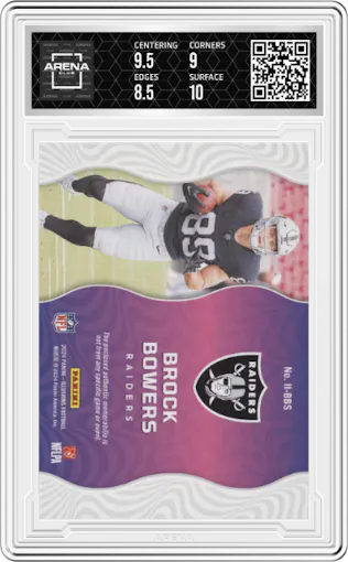 Brock Bowers from the 2024 Panini Illusions set featuring a Purple parallel graded by Arena Club and given an overall grade of 9.