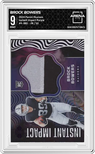 Brock Bowers from the 2024 Panini Illusions set featuring a Purple parallel graded by Arena Club and given an overall grade of 9.