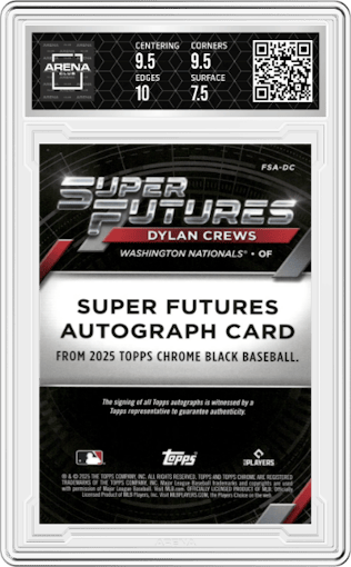 Dylan Crews from the 2025 Topps Chrome Black set graded by Arena Club and given an overall grade of 8.