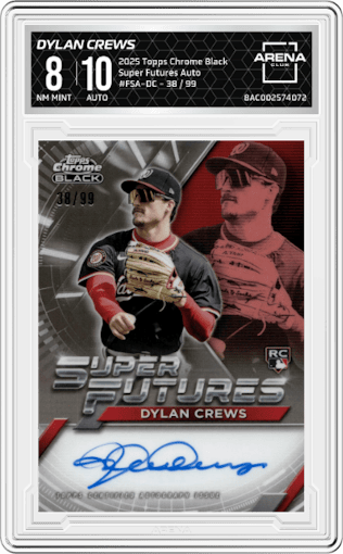 Dylan Crews from the 2025 Topps Chrome Black set graded by Arena Club and given an overall grade of 8.