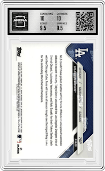 Shohei Ohtani / Yoshinobu Yamamoto / Roki Sasaki from the 2025 Topps Now set graded by Arena Club and given an overall grade of 10.