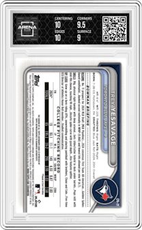 Trey Yesavage from the 2024 Bowman Draft set featuring a Blue Refractor parallel and given an overall grade of 9.5.