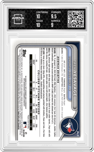 Trey Yesavage from the 2024 Bowman Draft set featuring a Blue Refractor parallel graded by Arena Club and given an overall grade of 9.5.