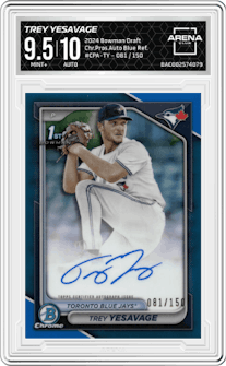 Trey Yesavage from the 2024 Bowman Draft set featuring a Blue Refractor parallel graded by Arena Club and given an overall grade of 9.5.