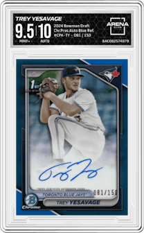 Trey Yesavage from the 2024 Bowman Draft set featuring a Blue Refractor parallel and given an overall grade of 9.5.