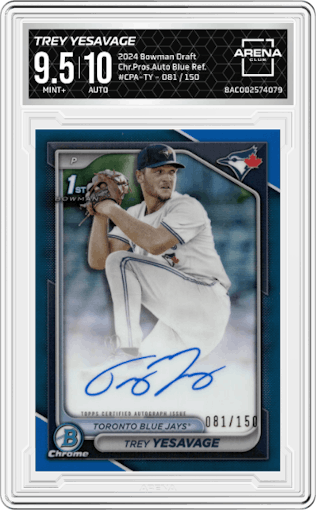 Trey Yesavage from the 2024 Bowman Draft set featuring a Blue Refractor parallel graded by Arena Club and given an overall grade of 9.5.