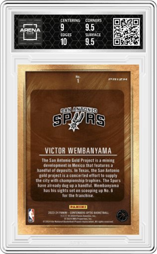 Victor Wembanyama from the 2023-24 Panini Contenders Optic set graded by Arena Club and given an overall grade of 9.5.
