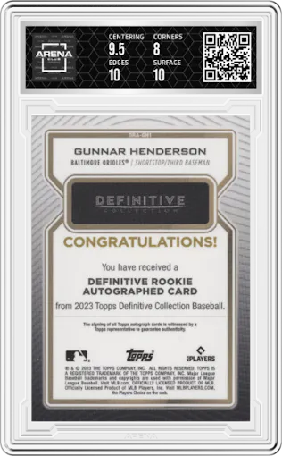 Gunnar Henderson from the 2023 Topps Definitive Collection set featuring a Green parallel graded by Arena Club and given an overall grade of 8.5.
