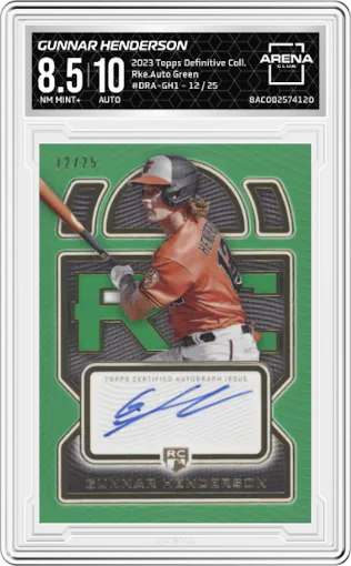 Gunnar Henderson from the 2023 Topps Definitive Collection set featuring a Green parallel graded by Arena Club and given an overall grade of 8.5.