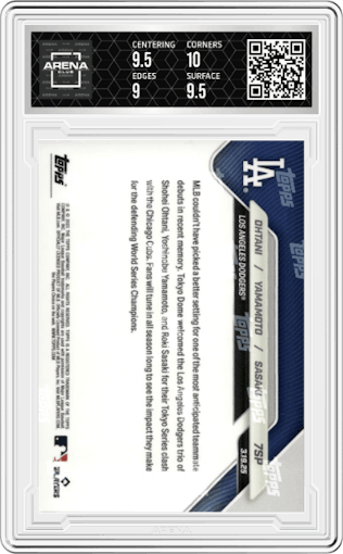 Shohei Ohtani / Yoshinobu Yamamoto / Roki Sasaki from the 2025 Topps Now set graded by Arena Club and given an overall grade of 9.5.