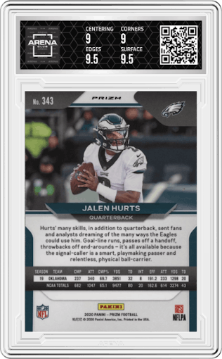 Jalen Hurts from the 2020 Panini Prizm set featuring a Red Ice Prizm parallel graded by Arena Club and given an overall grade of 9.5.