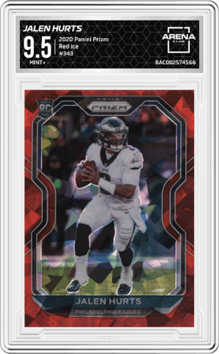Jalen Hurts from the 2020 Panini Prizm set featuring a Red Ice Prizm parallel graded by Arena Club and given an overall grade of 9.5.