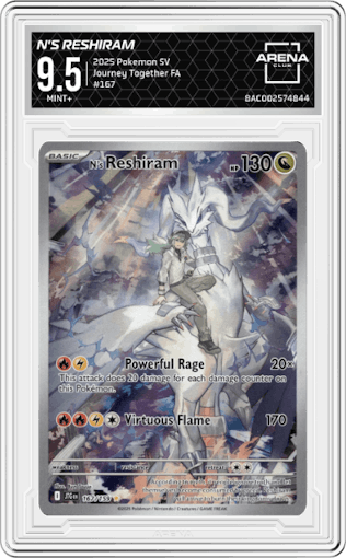 N's Reshiram from the 2025 Pokemon SV set graded by Arena Club and given an overall grade of 9.5.