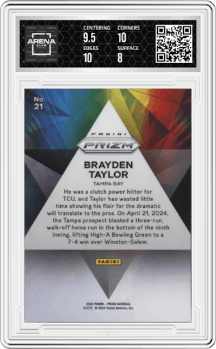 Brayden Taylor from the 2024 Panini Prizm set graded by Arena Club and given an overall grade of 8.5.