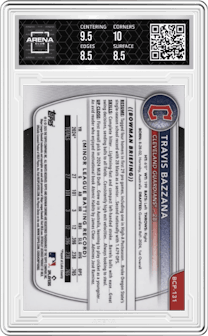 Travis Bazzana from the 2025 Bowman Mega Box set graded by Arena Club and given an overall grade of 9.