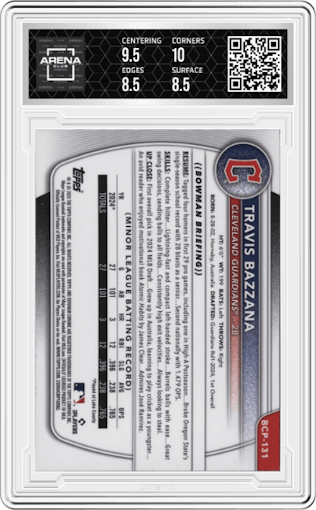 Travis Bazzana from the 2025 Bowman Mega Box set graded by Arena Club and given an overall grade of 9.
