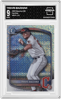 Travis Bazzana from the 2025 Bowman Mega Box set graded by Arena Club and given an overall grade of 9.