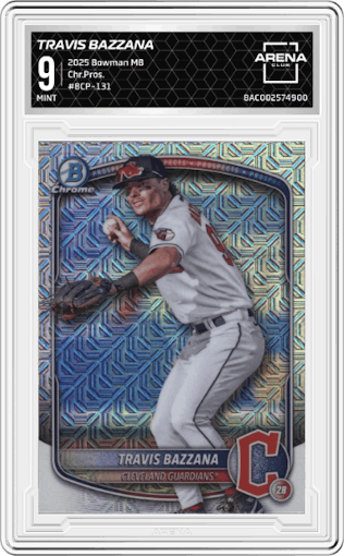 Travis Bazzana from the 2025 Bowman Mega Box set graded by Arena Club and given an overall grade of 9.