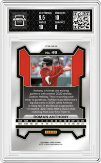Roman Anthony from the 2024 Panini Prizm set featuring a Blue Ice parallel graded by Arena Club and given an overall grade of 8.5.