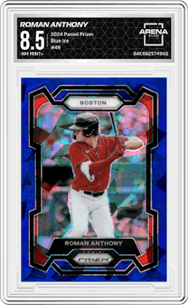 Roman Anthony from the 2024 Panini Prizm set featuring a Blue Ice parallel graded by Arena Club and given an overall grade of 8.5.