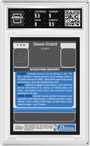 Shannon Elizabeth from the 2005-06 Bowman set graded by Arena Club and given an overall grade of 8.5.