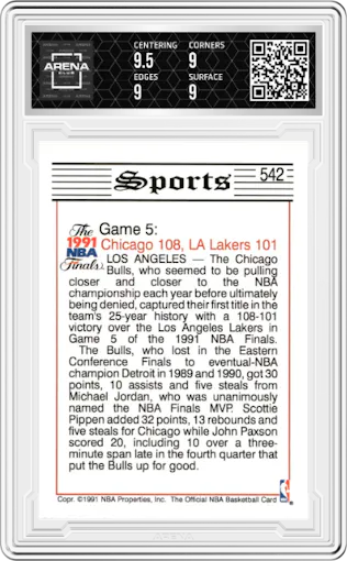 Michael Jordan from the 1991-92 NBA Hoops set graded by Arena Club and given an overall grade of 9.