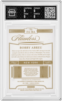 Bobby Abreu from the 2021 Panini Flawless set featuring a Gold parallel graded by Arena Club and given an overall grade of 8.5.