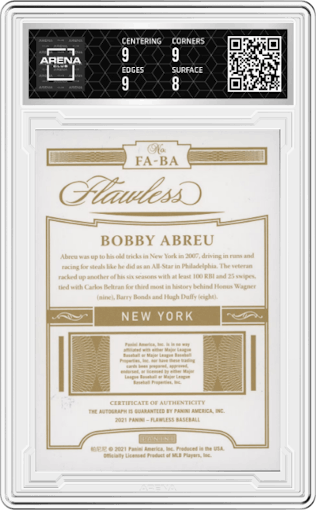 Bobby Abreu from the 2021 Panini Flawless set featuring a Gold parallel graded by Arena Club and given an overall grade of 8.5.