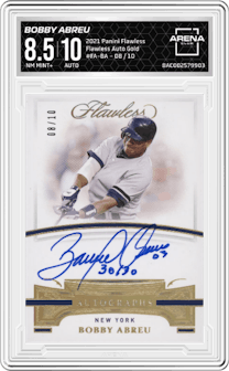 Bobby Abreu from the 2021 Panini Flawless set featuring a Gold parallel graded by Arena Club and given an overall grade of 8.5.